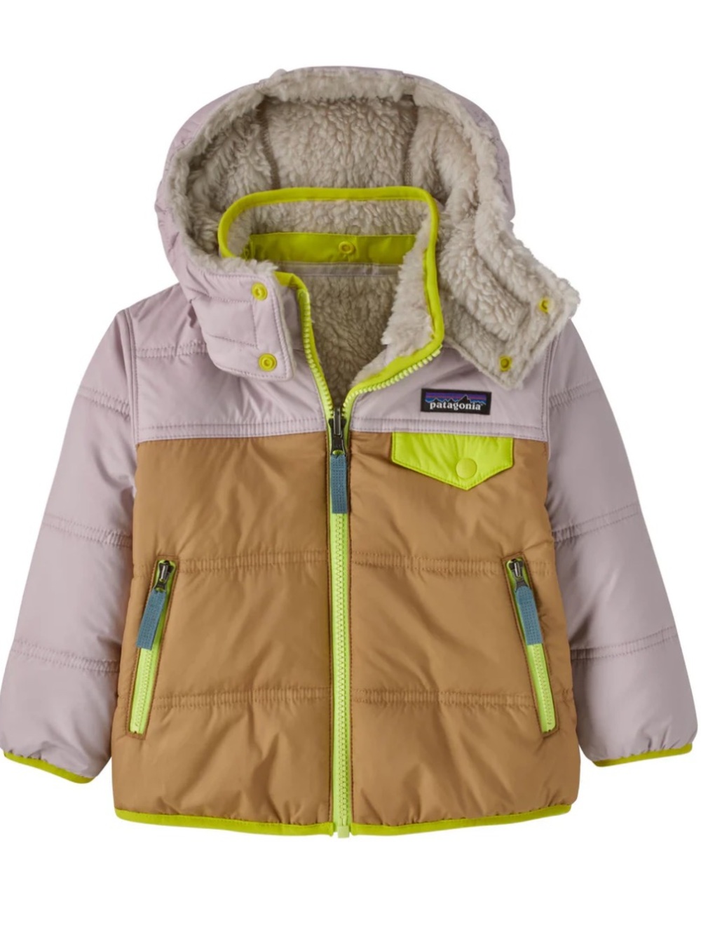 Patagonia Reversible Kids Tribble Puffer Jacket in Pink, Tan & Neon Yellow 3T - Picture 3 of 3